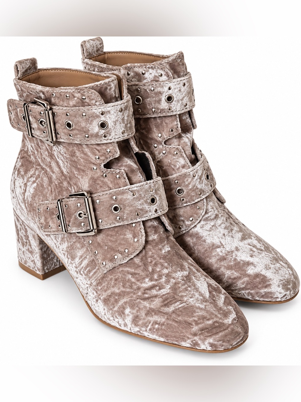 Rebecca Minkoff Logan Women’s crushed Velvet Buckle Ankle Boots Taupe gray 7.5